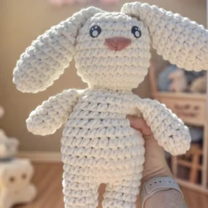 Bunny Boo Square White bunny crochet plushie in a child's room