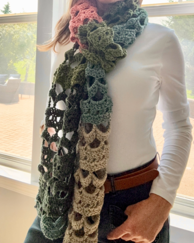 Thistle Lace Scarf - extra long on woman with white shirt