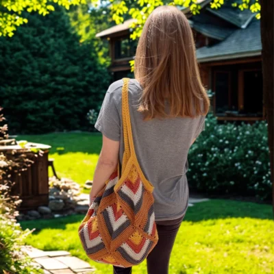 woman standing with a crochet market tote on her shoulder in colors of yellow, white and orange