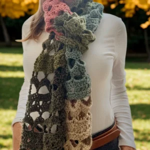 long crochet scarf in greens, aquas and rose wrapped on a woman's neck