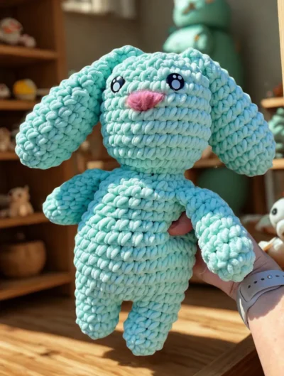Bunny Boo Aqua Pink Nose bunny boo plushie in light blue with pink nose