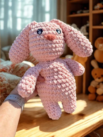 Bunny Boo Pink with Pink Nose bunny boo plushie in pink soft yarn